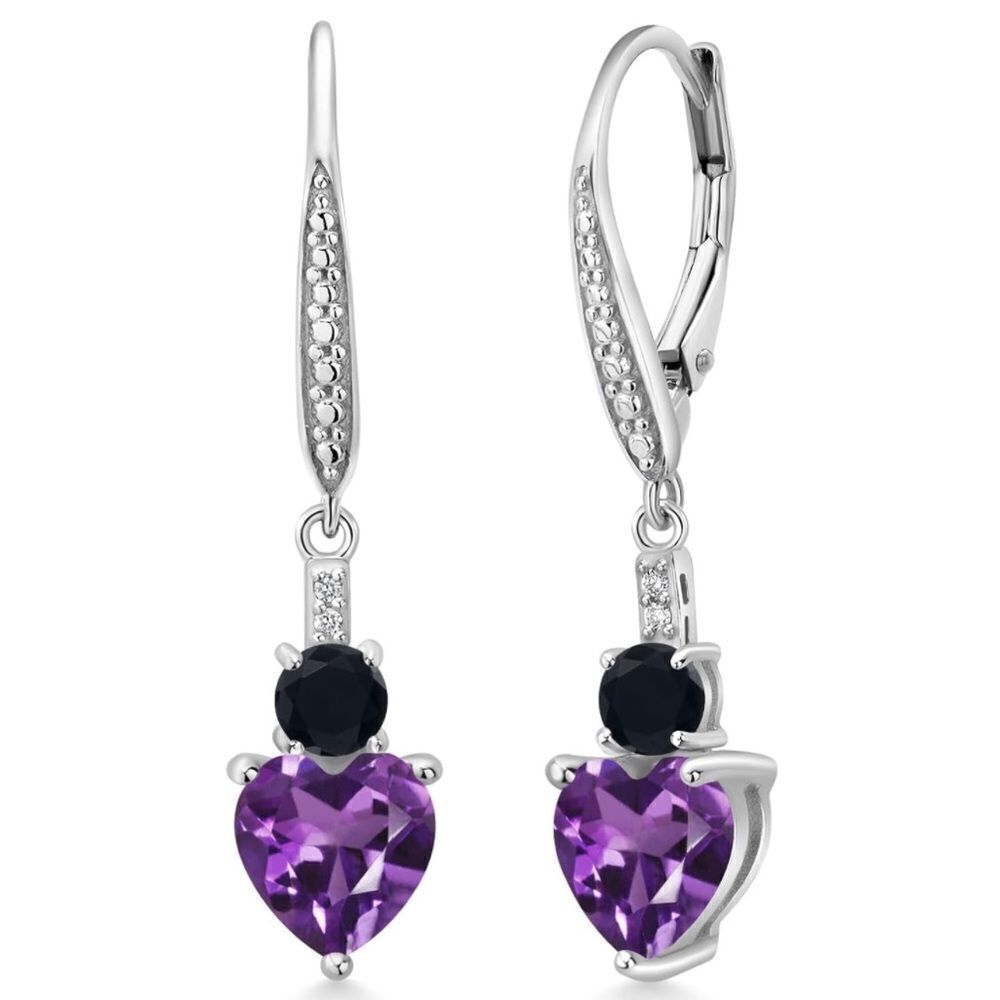 925 Sterling Silver with 2.27 Cttw Amethyst and Black Onyx Heart Drop Earrings